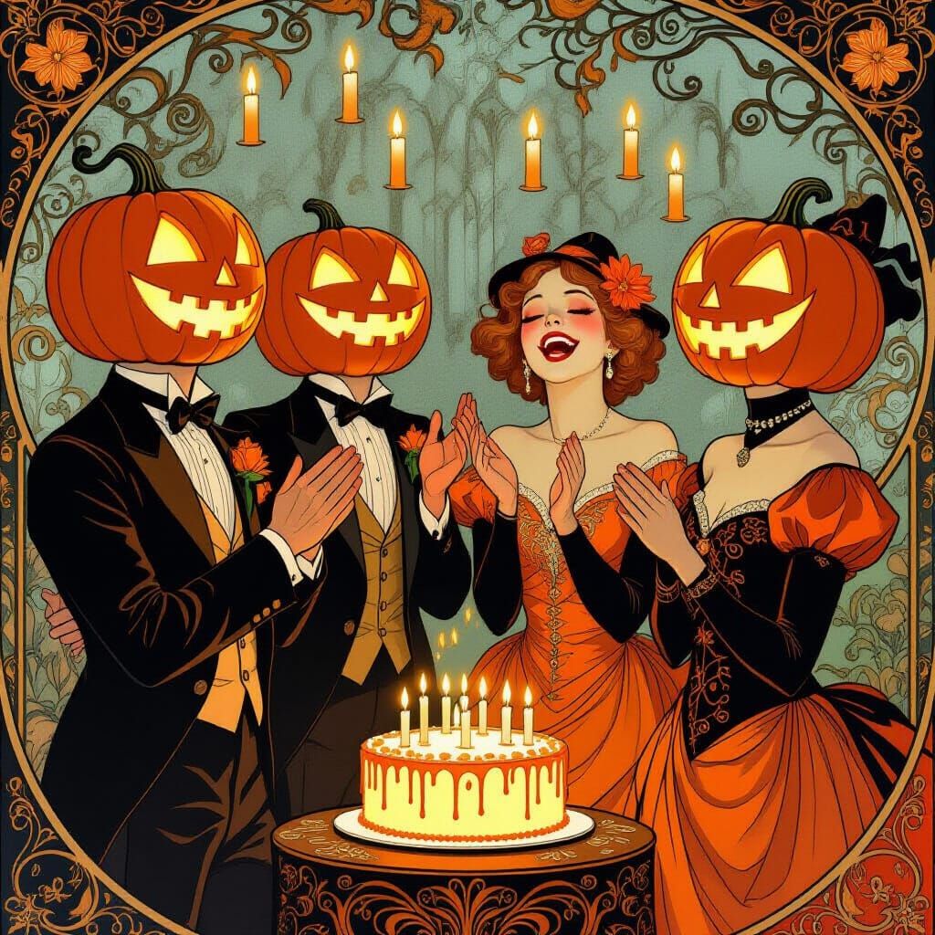 Elegant Pumpkin People Dance in Ethereal Art Nouveau Scene
