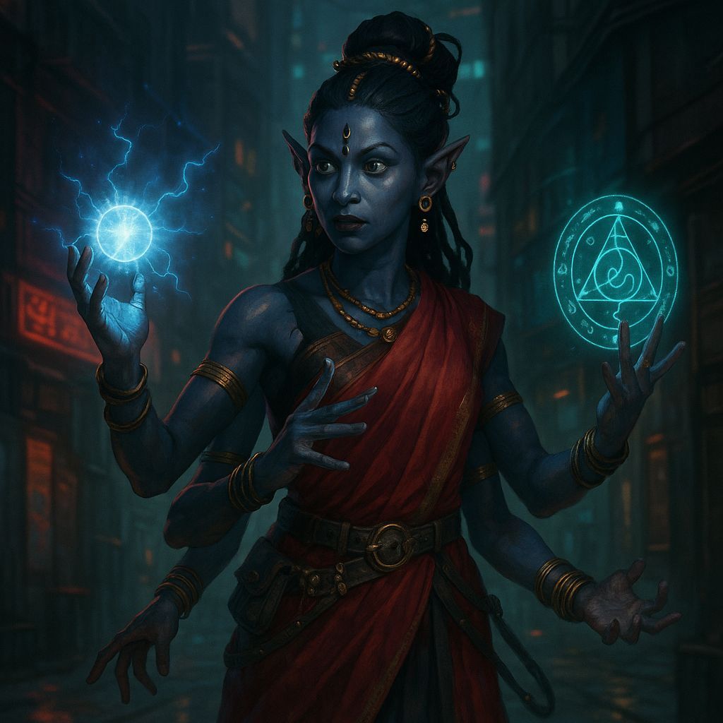 Shadowrun Female Nartaki Spellcaster in Cyberpunk Style