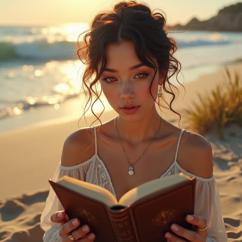 sunny day on the coast of California a pretty girl with wavy...