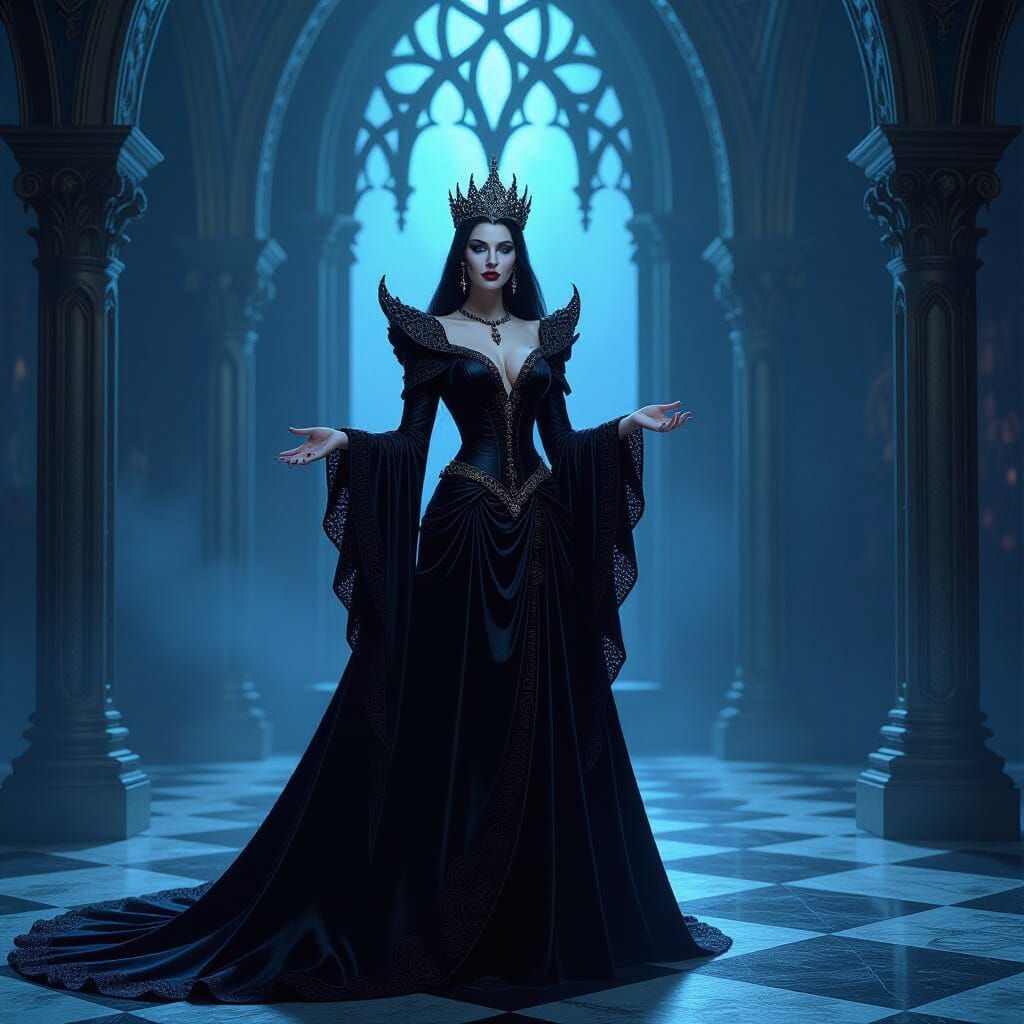 Queen Grimhilde in Gothic Throne Room, Digital Painting