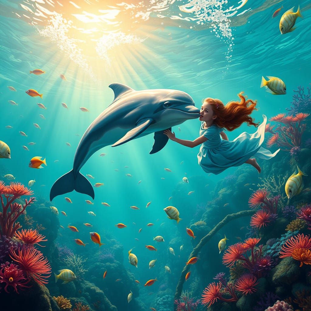 Sunlit Dolphin Encounter in an Enchanted Underwater Realm