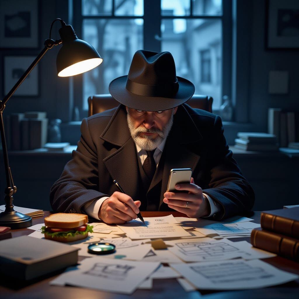 Detective Distracted by Cat Video in Moody Digital Painting