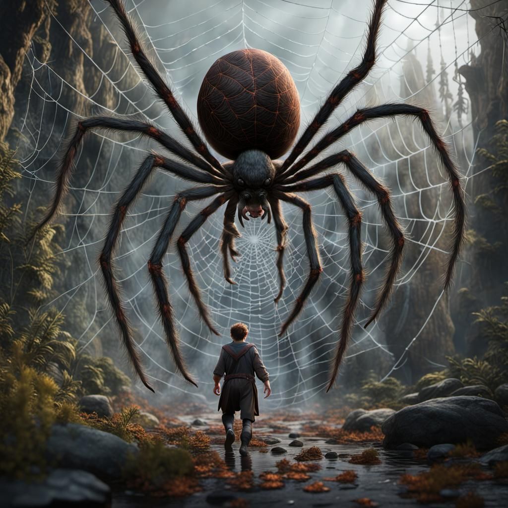 Frodo caught in spider webs as giant spider approaches