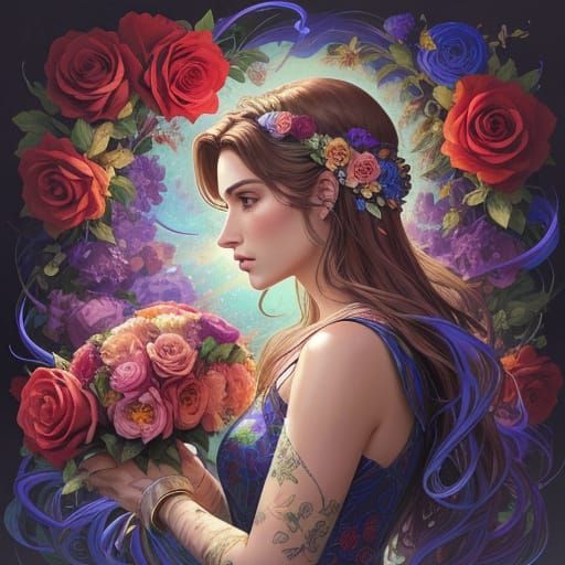 Young Woman Adorned with Vibrant Roses in Comic Art Style