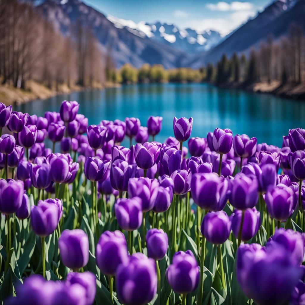 Purple Tulips on Blue Lake: Photography with Bokeh
