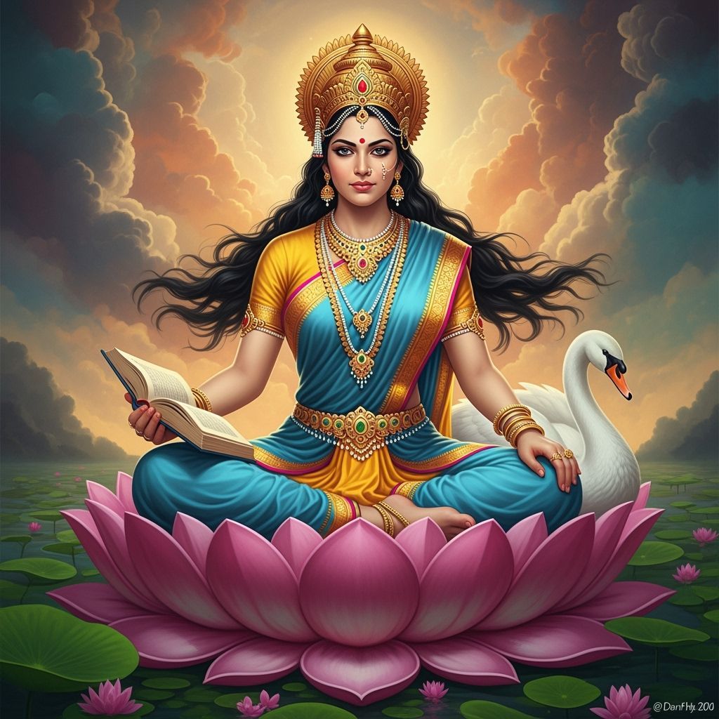 Hindu Goddess of Intellect on Lotus, Hyperrealistic Concept ...