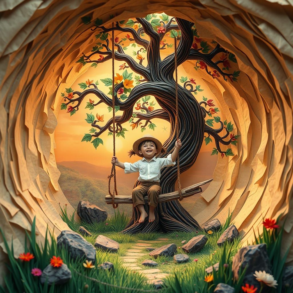 Dreamlike Papercraft Cave with Boy on Swing