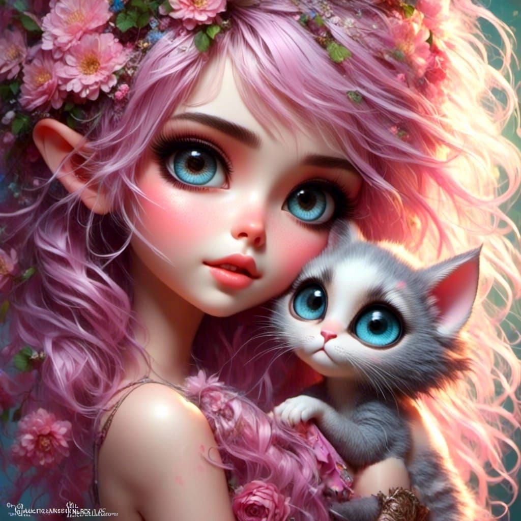 Pixie Girl with Kitten: A Heartwarming Fantasy