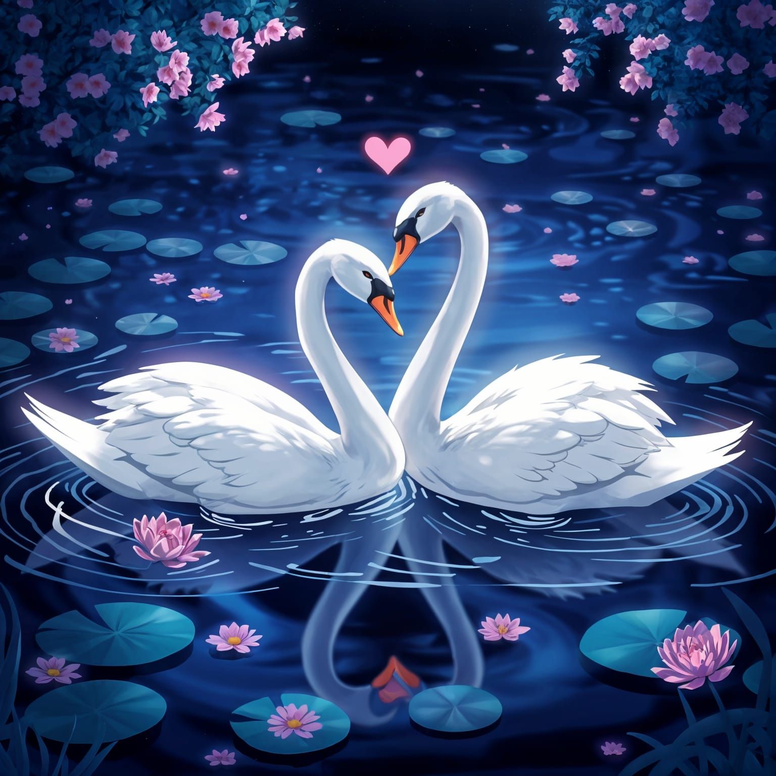 Whimsical Midnight Swan Serenade in Vibrant Colors