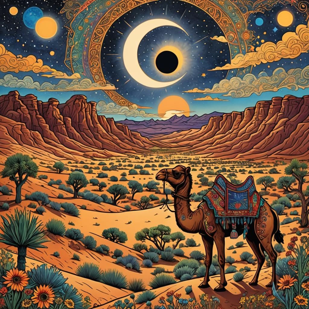 Solar Eclipse Over Desert in Zentangle Style