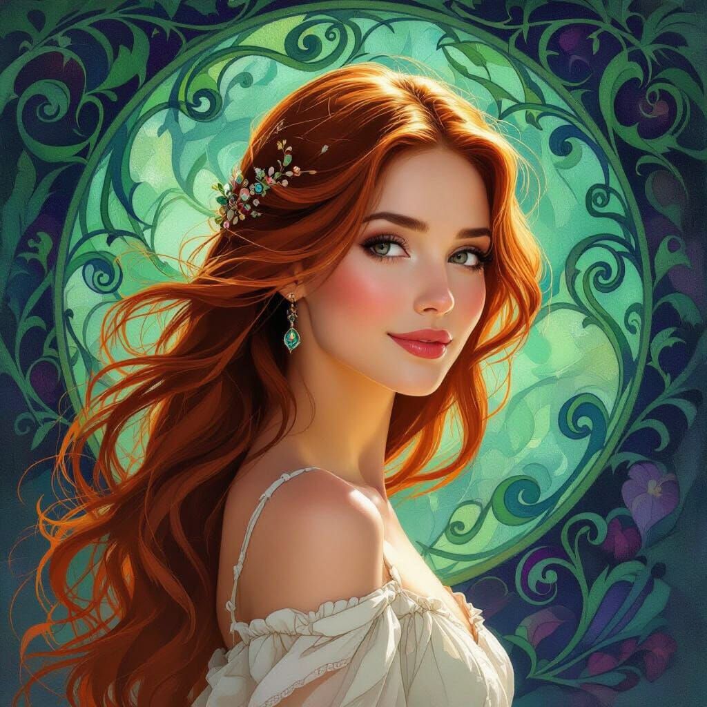 Beautiful Woman Portrait with Flowing Auburn Hair and Abstra...