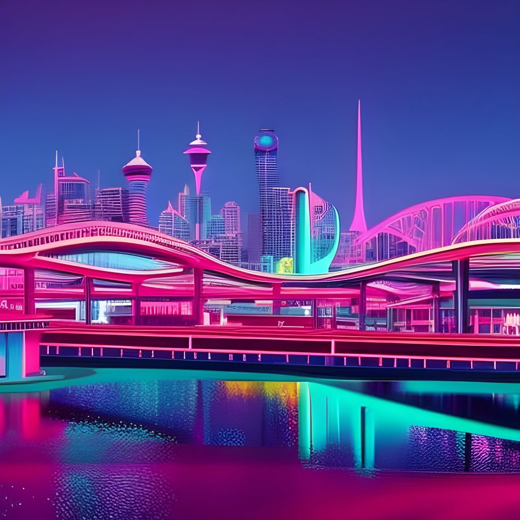 Synthwave Alien Cityscape with Neon Monorails