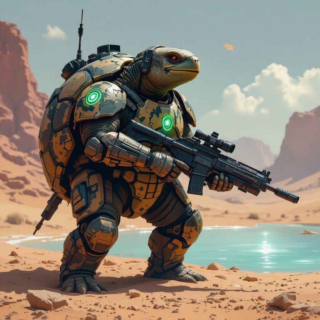 Futuristic Tactical Tortoise Guards Oasis in Desert
