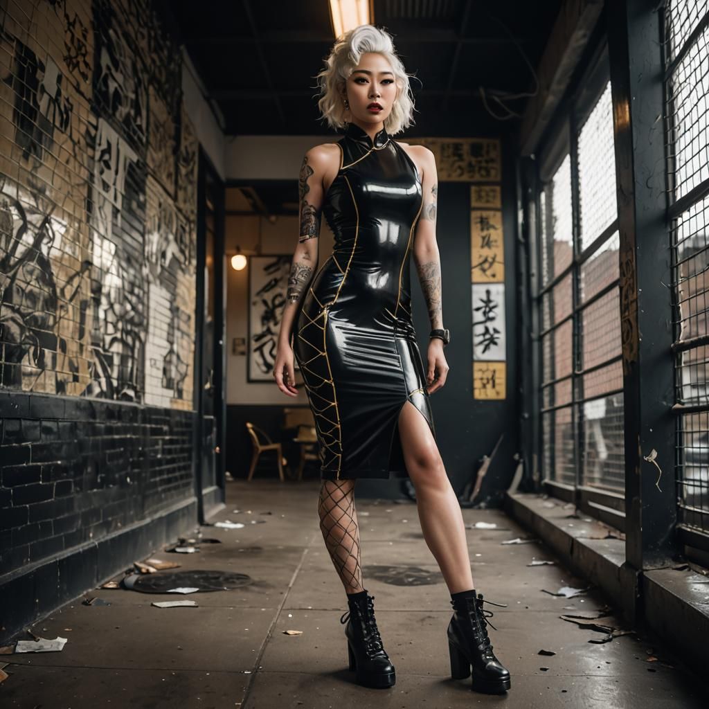 Edgy Woman in Latex Cheongsam, Urban Nightlife