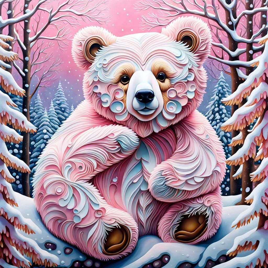 Cute Teddy Bear in Winter, Klimt-Inspired Mosaic