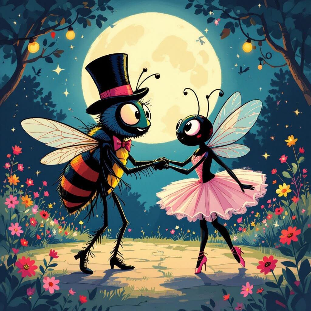 Fly and Spider Waltz in Whimsical Garden