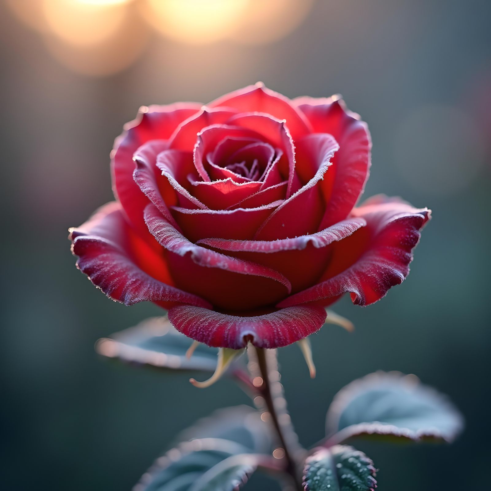 Blooming Red Rose on Frosty Morning