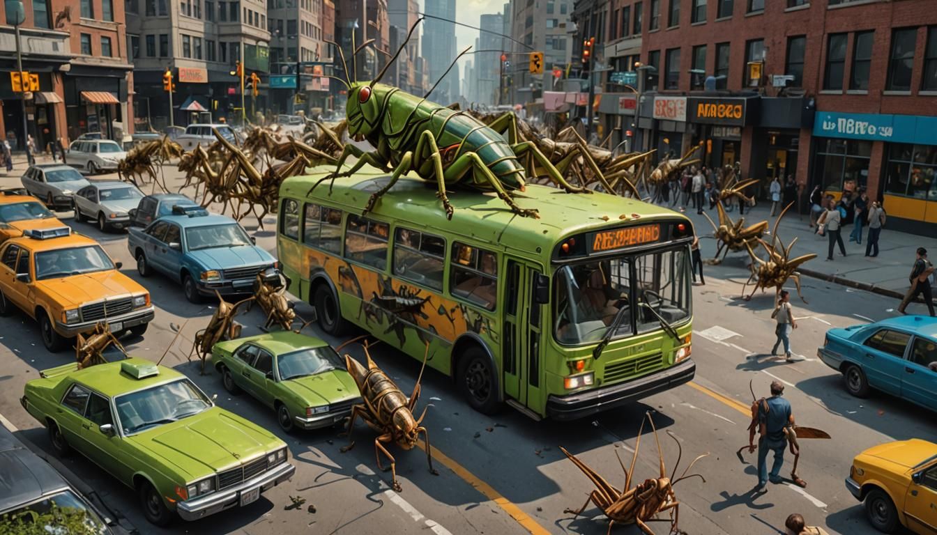 Giant Grasshoppers Attack City, Hyperrealistic Comic Art