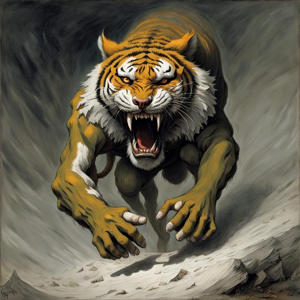 Fearsome Tiger Ready for War: A Horror Illustration