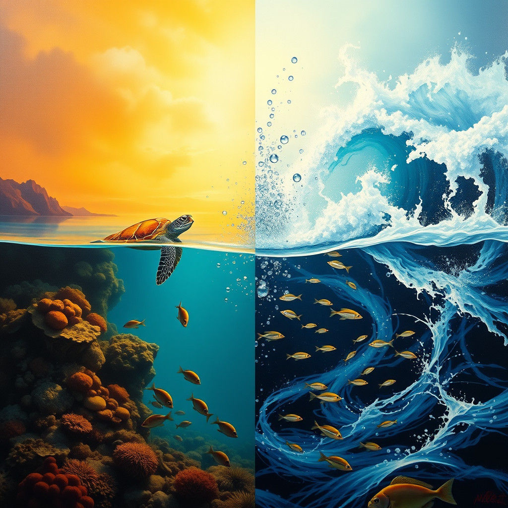 Contrasting Sea Scenes: Calm Underwater World vs Stormy Ocea...