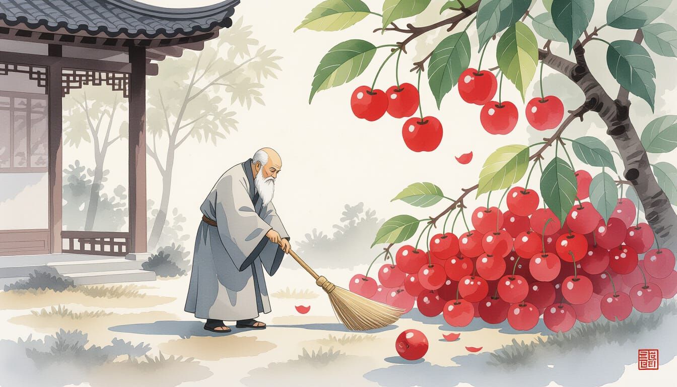 Monk Sweeping Cherries, Inspired by Ink Wash and Watercolor