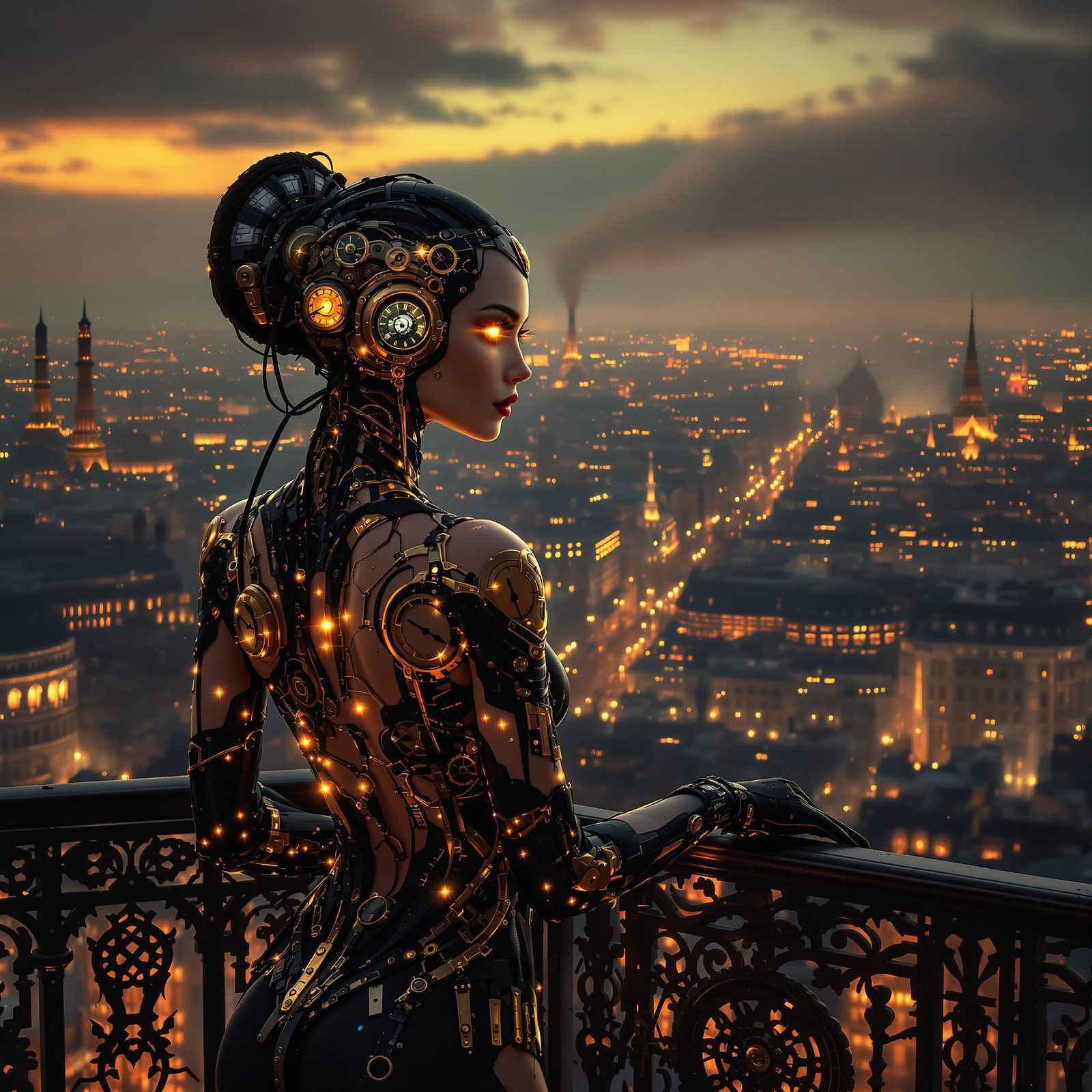 Glamorous Cyborg Woman on Parisian Balcony, Steampunk City