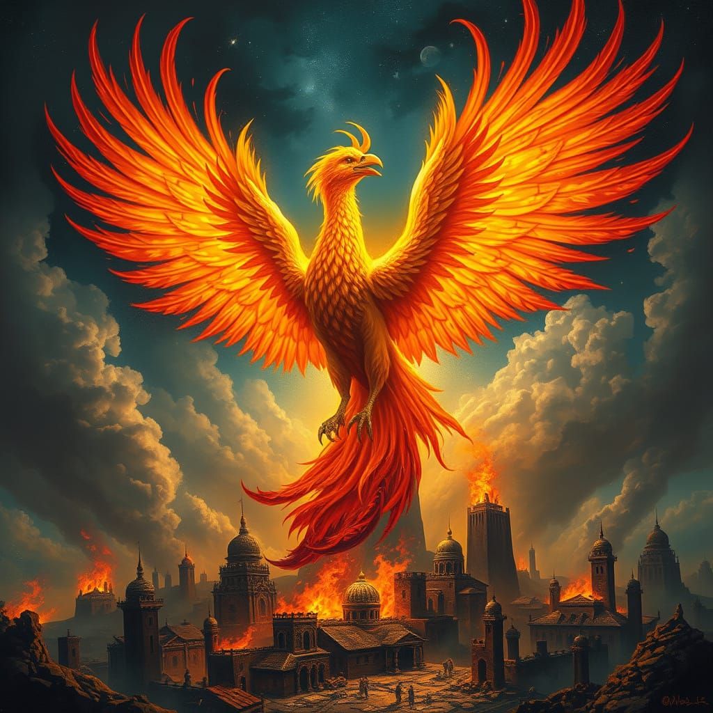 Phoenix Rising from Forgotten City Ruins in Vibrant Colors