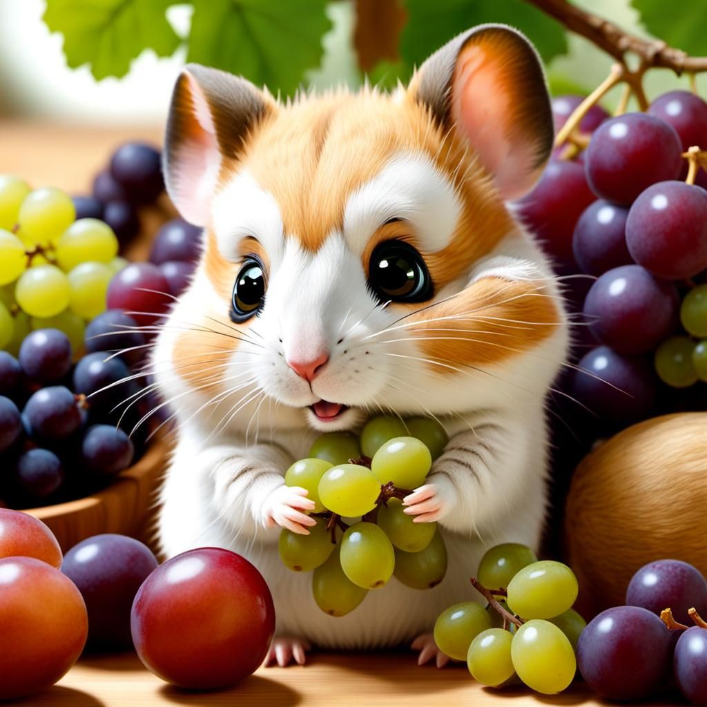 Baby hamster with grapes