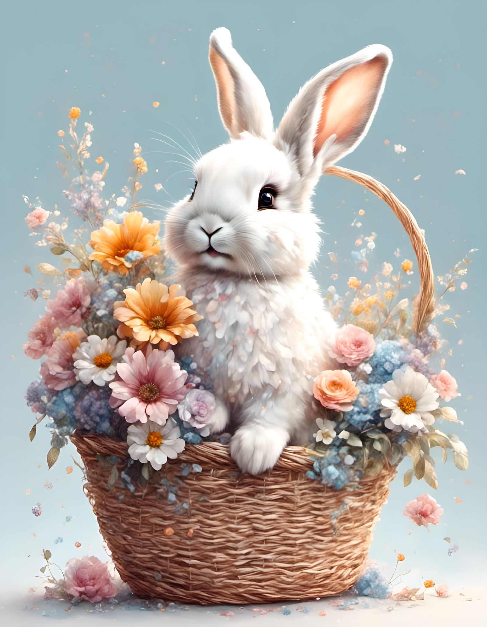 Cute Rabbit in Flower Basket Drawing