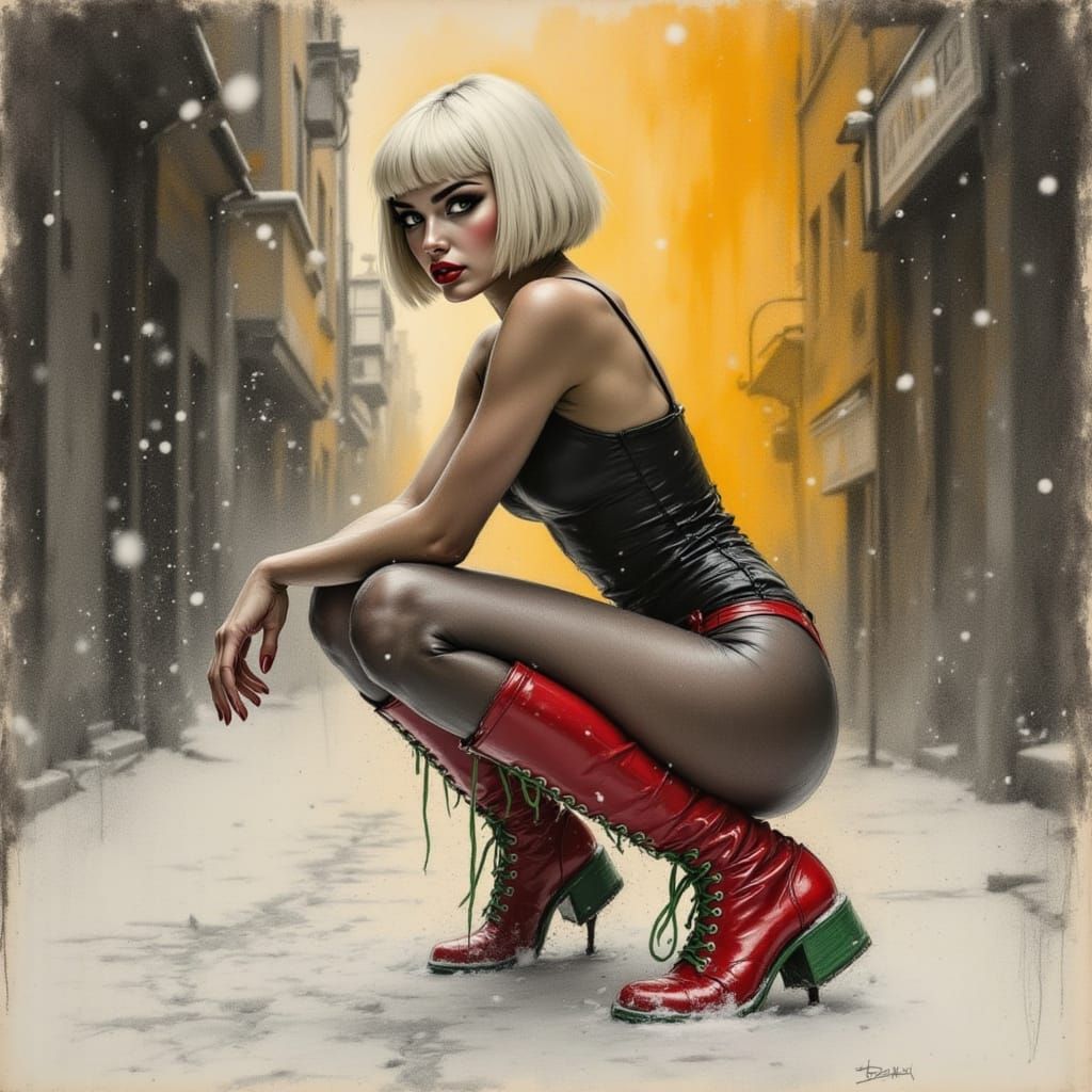 Confident Woman in Urban Blizzard