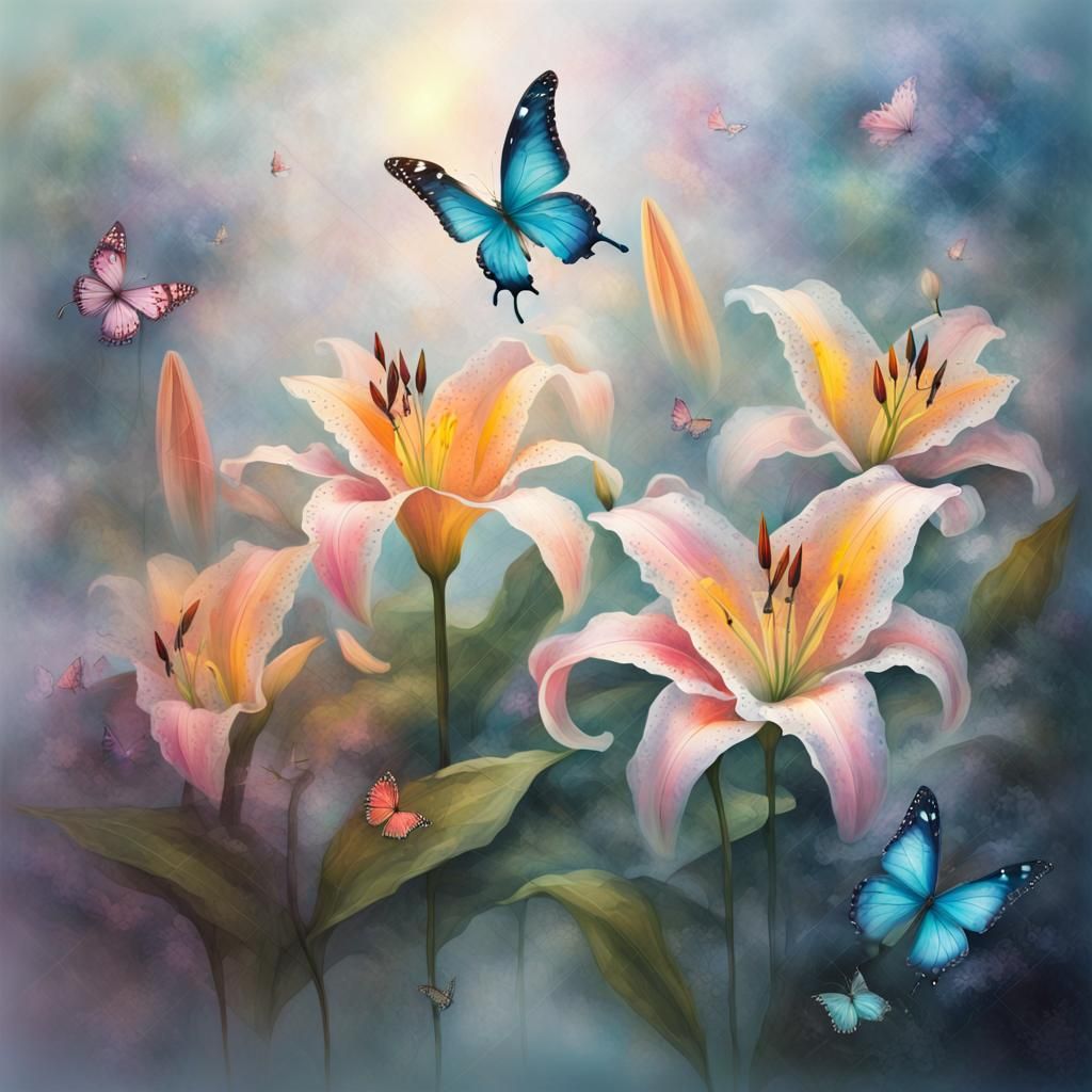 Dreamy Floral Scene with Floating Lilies and Butterflies
