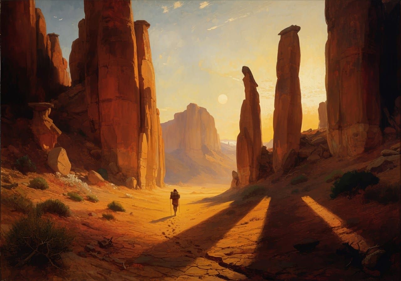 Desert Traveler at Sunset in Style of Moran