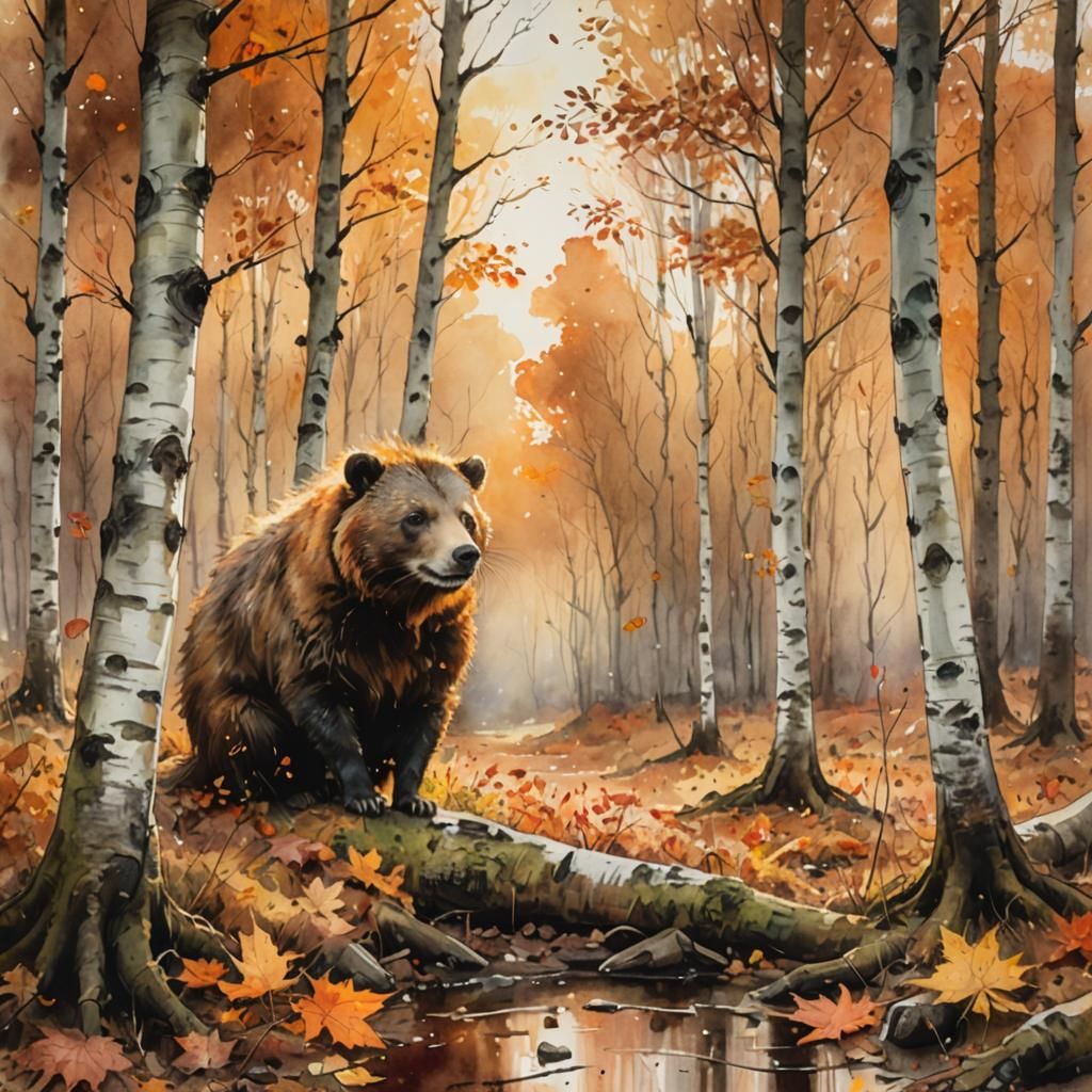 Autumn Forest Landscape in Watercolor Style