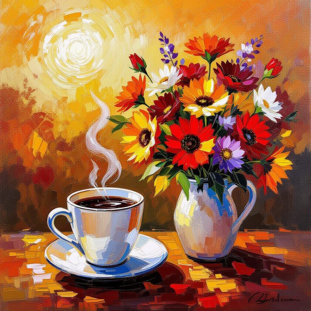 Autumn Coffee and Flowers in Golden Hour Light