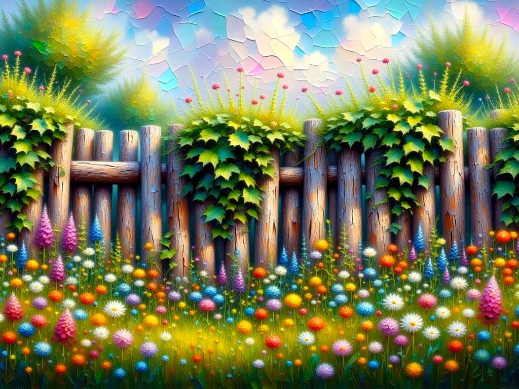 Vibrant Wildflower Fence in Impasto Style