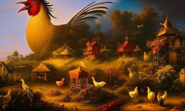 Steampunk Rooster Sunrise: Oil Painting Farm Scene