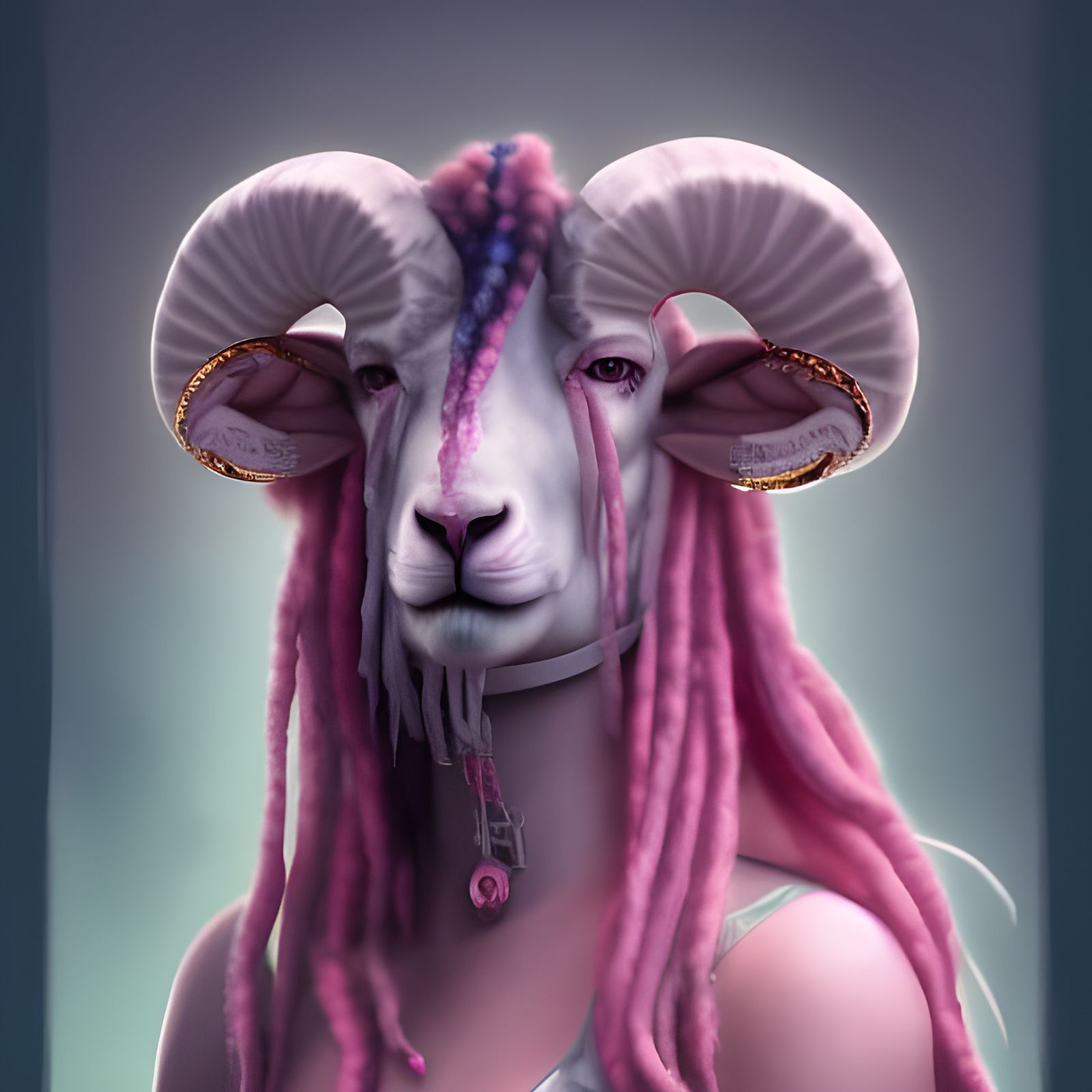 Sheep Head with Tattoos and Pink Dreadlocks