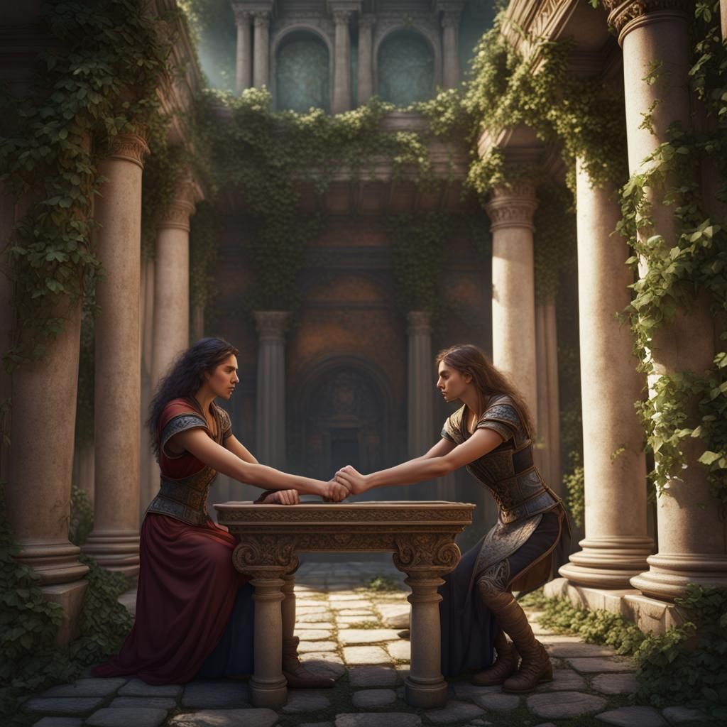 Armenian Woman Arm Wrestling Greek Girl: Fantasy Art