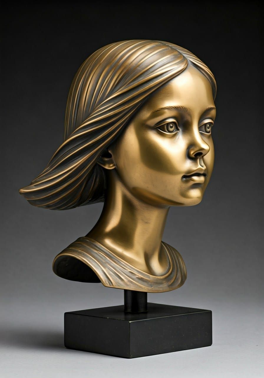 Sculpture of a Young Woman in Minimalist Bronze Style