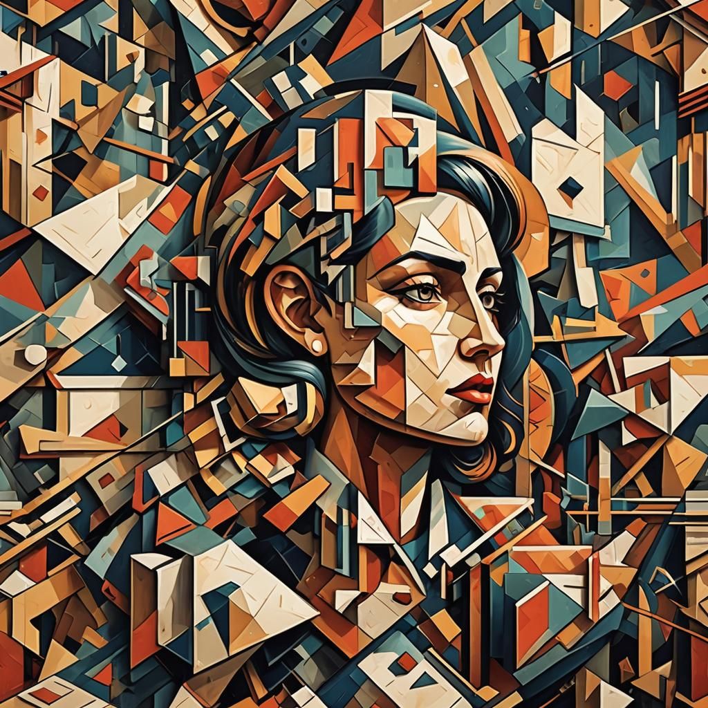 Geometric Cubist Painting in Art Deco Style