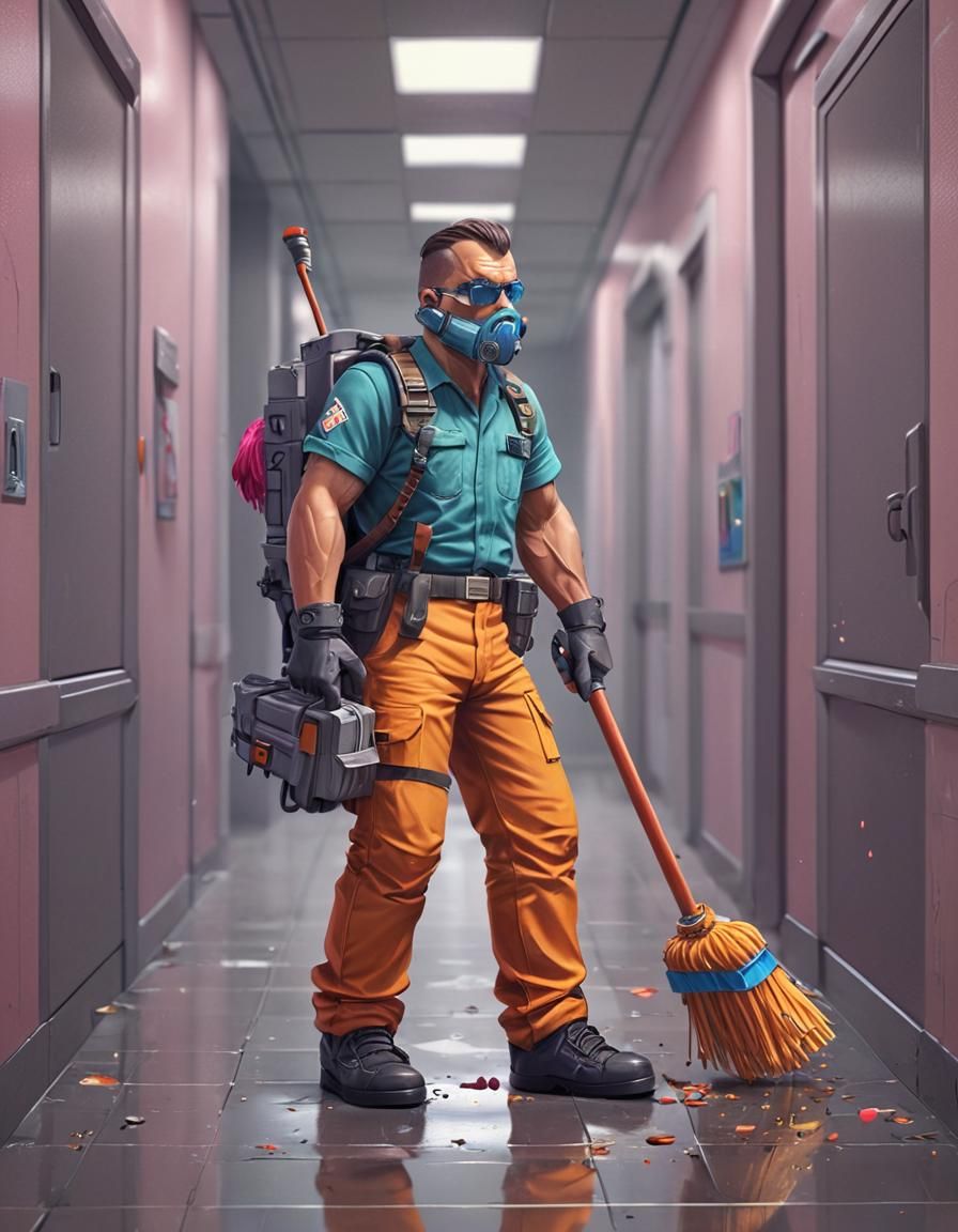 Janitor Hero Battles Alien Monster in Pixel Art