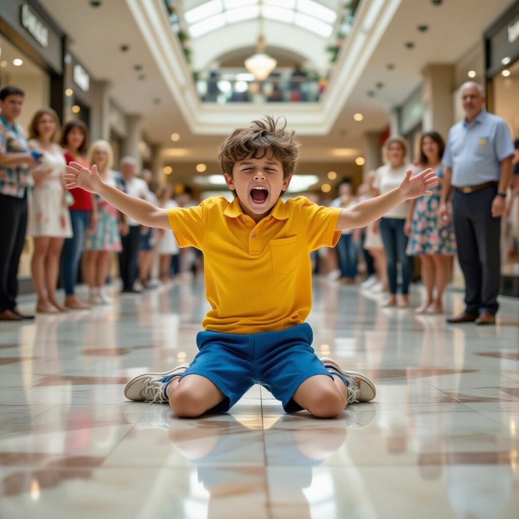 Boy Tantrum in Mall, Expressive Art Style