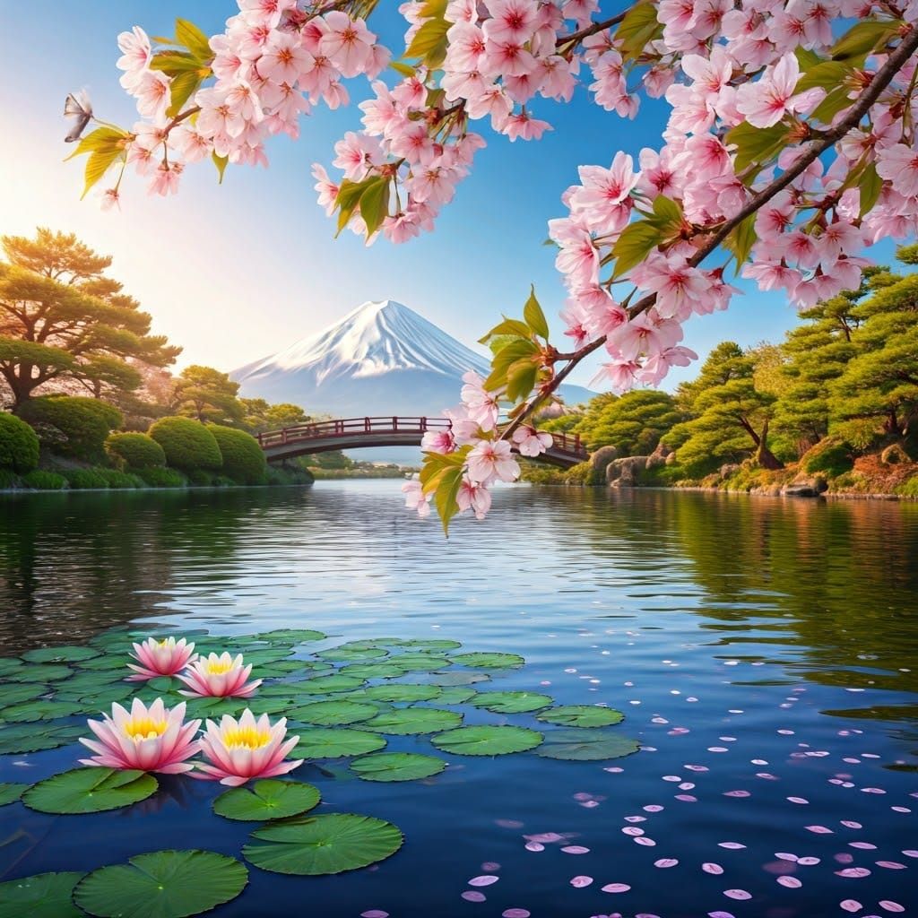 Cherry Blossom Branch over Tranquil Pond