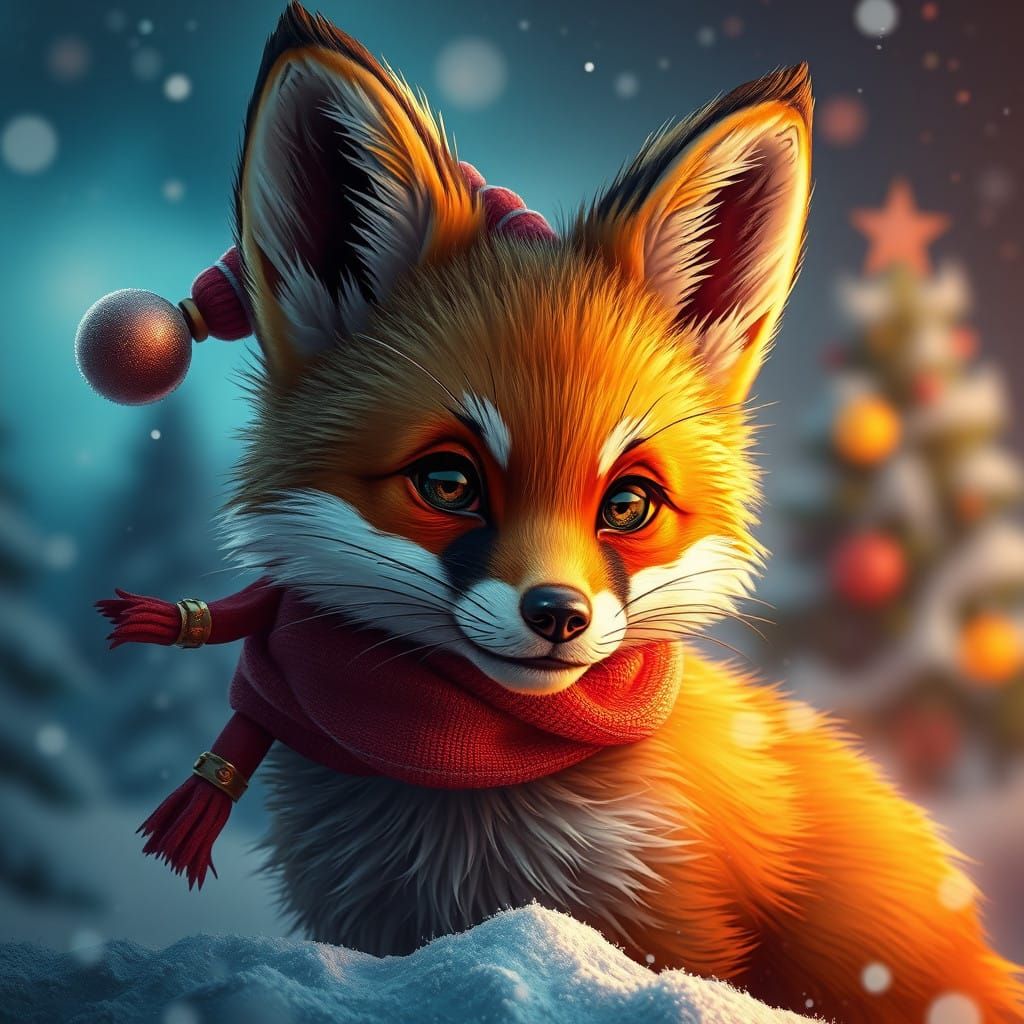 Whimsical Christmas Fox in Vibrant Fantastical World
