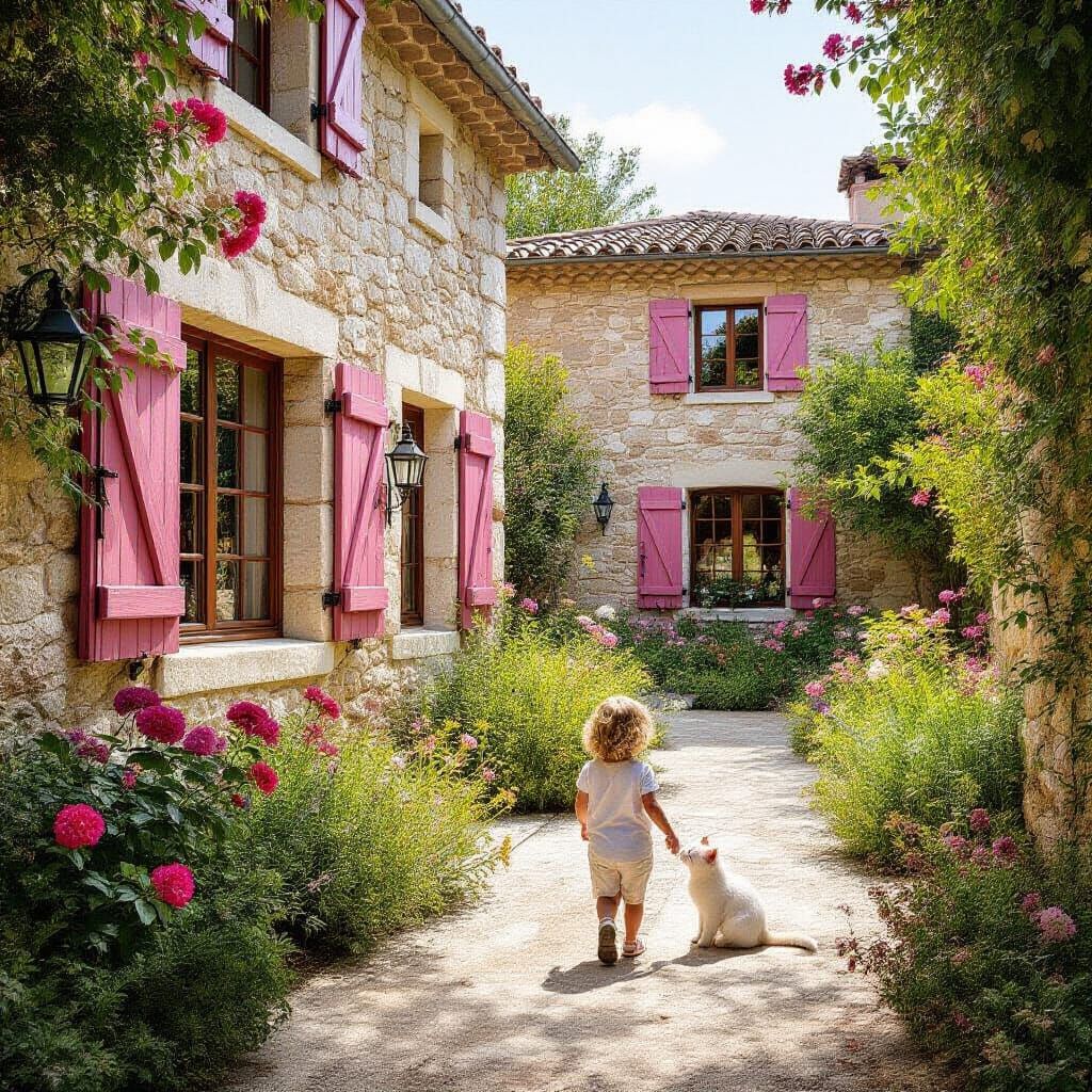 Provencal House with Child and Cat, Chalk Art Style