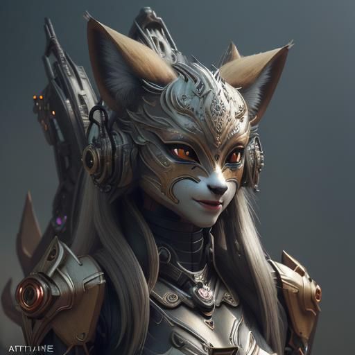 Futuristic Woman in Javanese Fox Mask, Sci-Fi Art