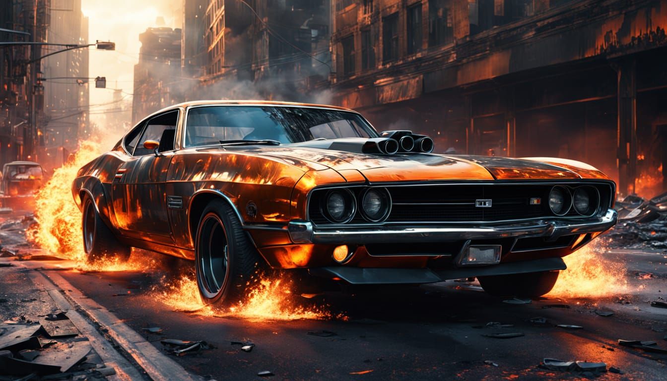 Futuristic Aluminum Muscle Car Speeds Through Ruined City