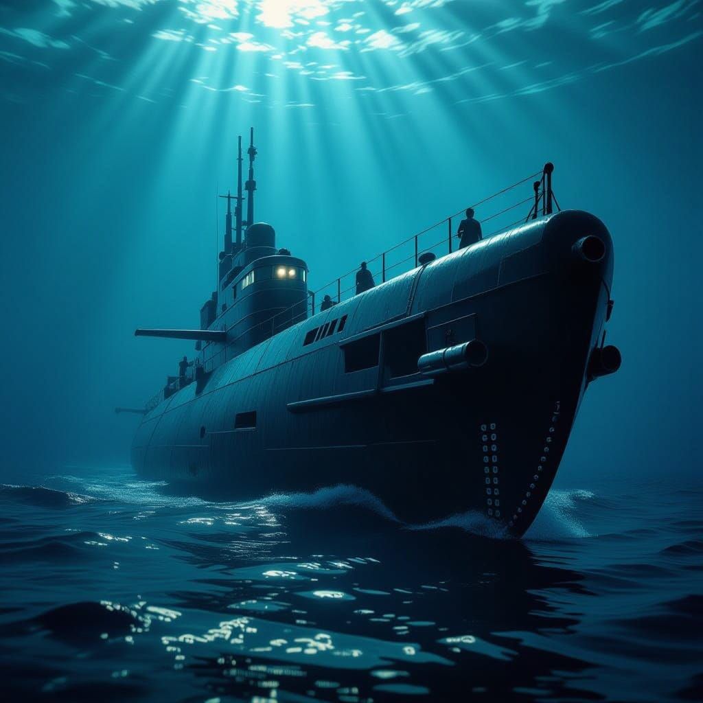 German U-boat Emerges from Dark Atlantic Waters in Cinematic...