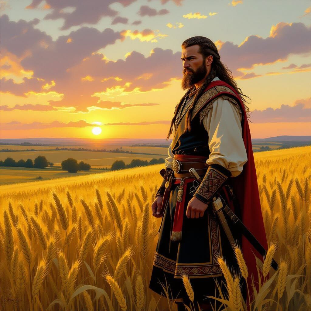 Ukrainian Warrior Overlooking Golden Wheat Field