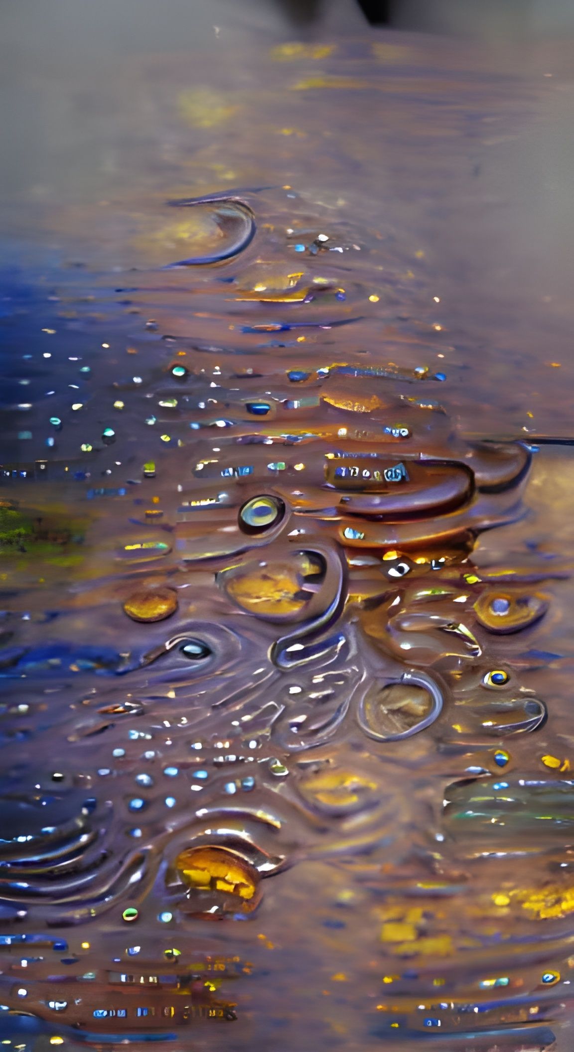 Rain puddle ripples in a downpour. Detailed surreal oil pain...